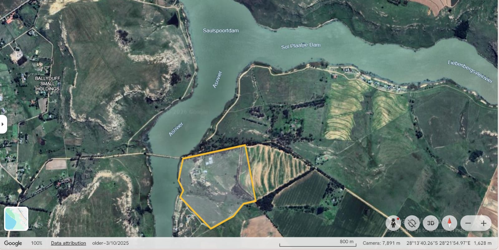 Satellite view of the Izimbowa Holdings mining site on the Ash River, Bethlehem, Free State