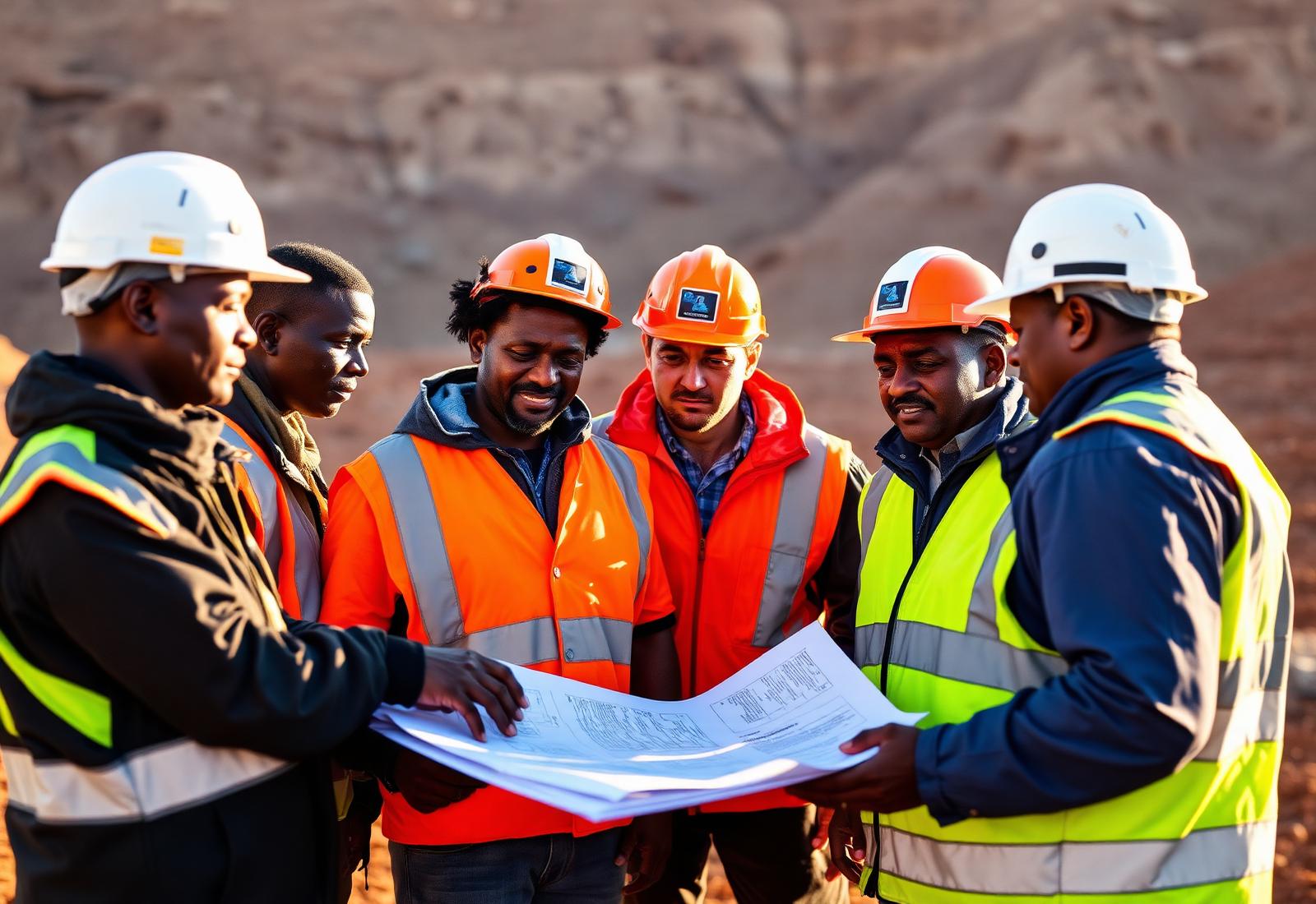 Mining team reviewing plans on site