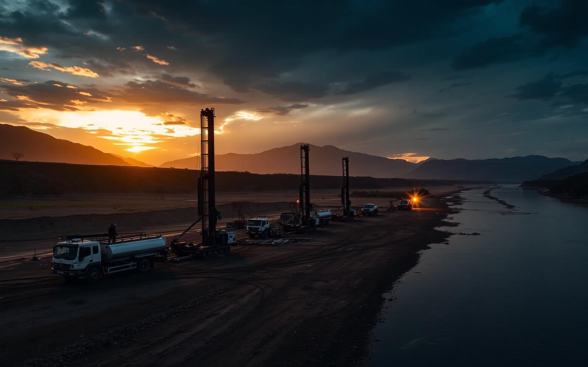 Alluvial diamond mining operation at golden hour on the Ash River, Bethlehem, Free State